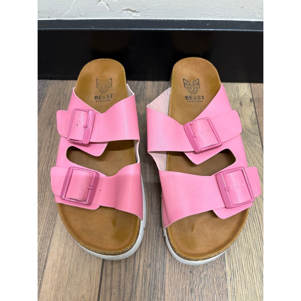 Beast Fashion Pink Double Buckle Platform Slide Sandals Womens 8.5‎ Lug Sole
